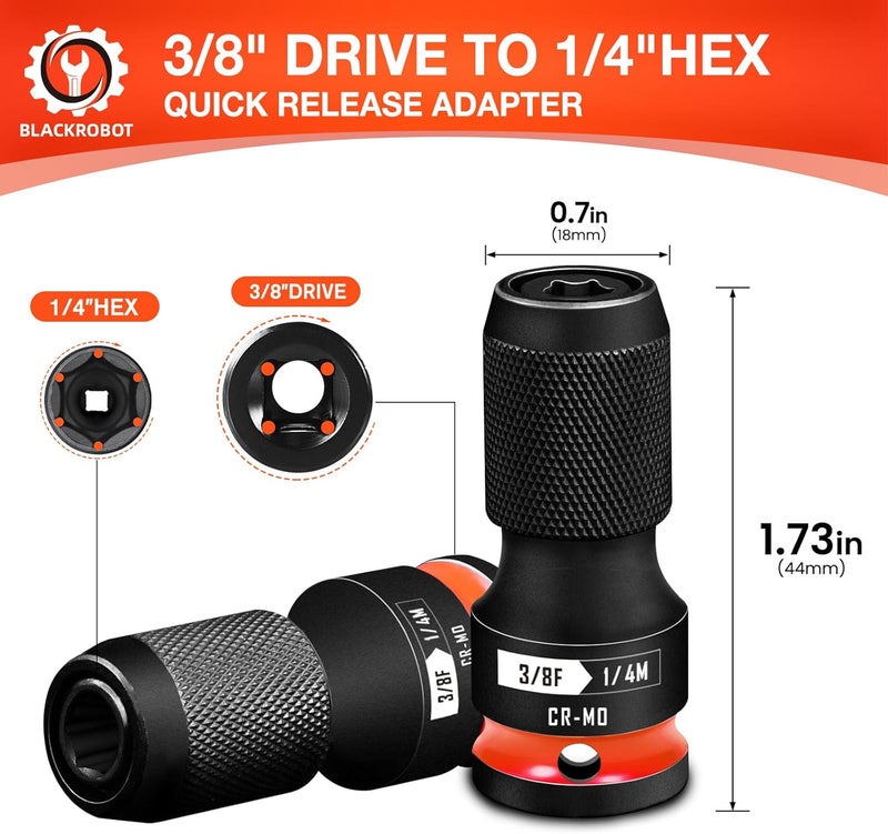 BLACKROBOT 2PCS Quick Release Impact Bit Holders 3/8-Inch Square Drive to 1/4-Inch Hex Socket Adapter, CR-MO Steel, Red - Image 2